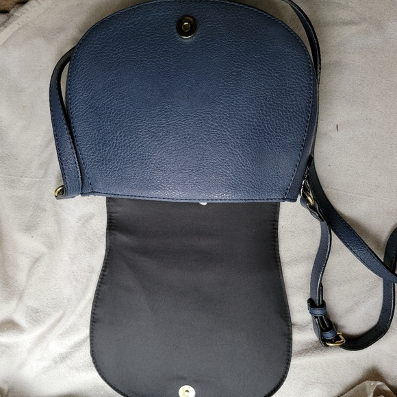 Neiman Marcus Leather Crossbody Bag Blue suede saddle gold - Picture 2 of 4